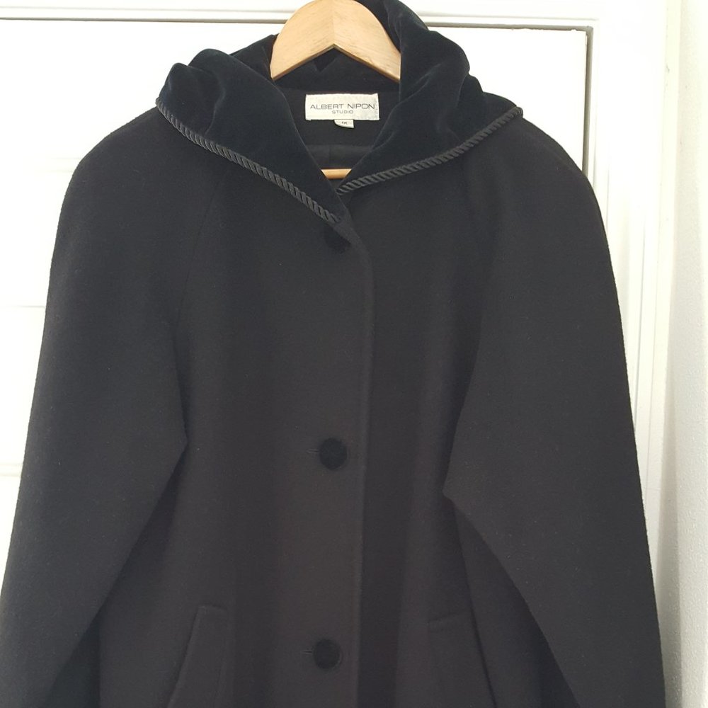 Albert Nipon Studios Black Wool Coat with Velvet Hood and Cuffs Trim, Size 1X